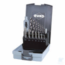 Assortimento RUKO ULTIMATECUT FLOWSTEP® HSS da 15 pezzi con 7 punte elicoidali, 7 maschi manuali Single-cut M3–M12 e giramaschi in custodia.