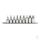 Set SATA da 9 bussole bit esagonali metriche da 1/2" disposto su rotaia portabussole