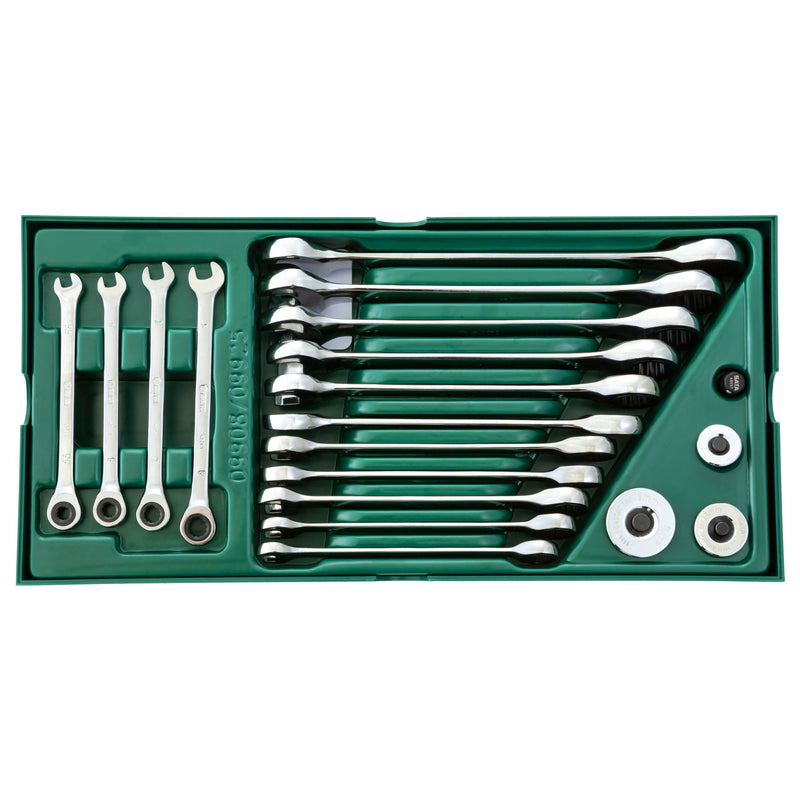 Sata ST09908 Set Chiavi Combinate a Cricchetto Piatte e Adattatori 19pz